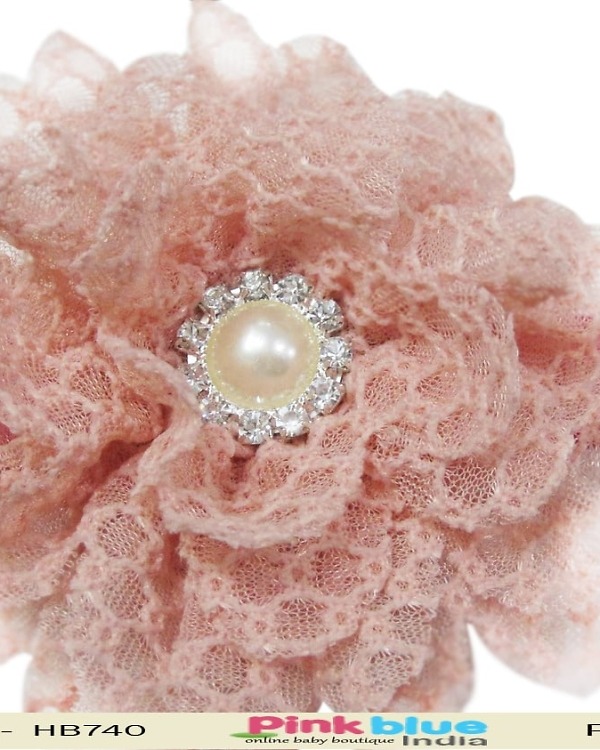 Peach baby headband with net flower for toddler birthday, soft and cute
