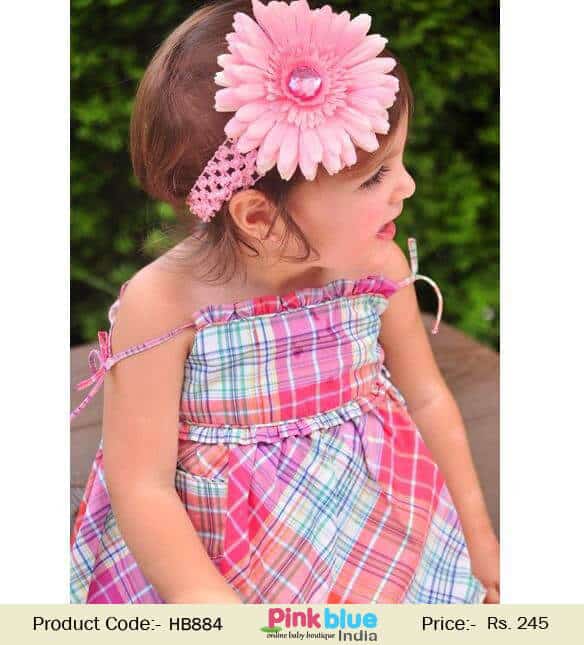 Baby pink designer flower headband for infant party wear, elegant cute look