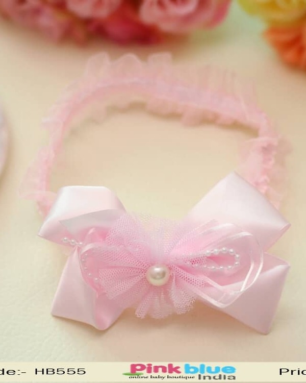 Baby pink party headband for infant girls, floral design stylish festive wear, cute gifting option