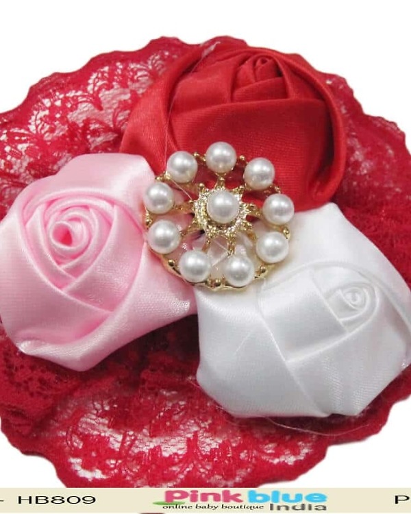 Red baby girl headband with three flowers for party wear, cute and stylish