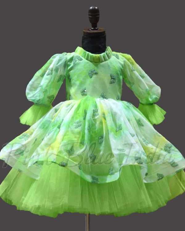 Butterfly theme designer dress for baby girl in green, stylish birthday wear