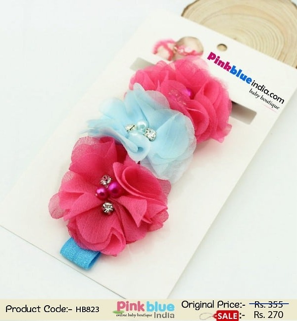 Pink blue baby headband for party wear, colorful and stylish accessory