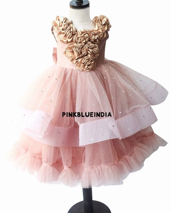 Girls beige flower girl dress elegant party wear wedding celebration outfit