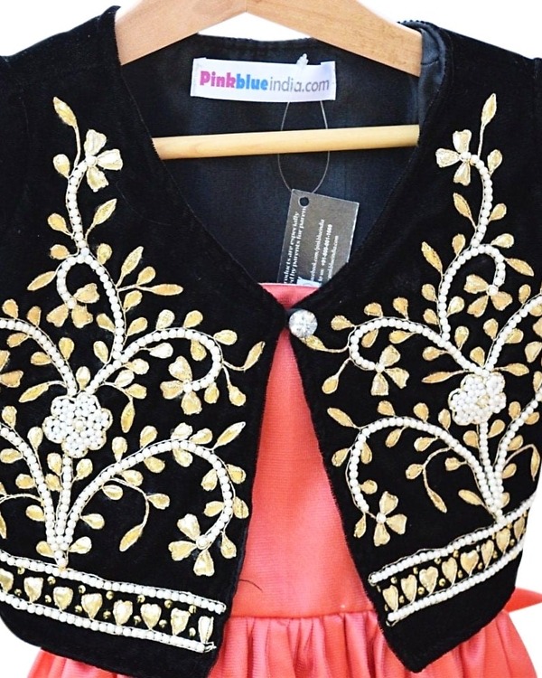 Kids black velvet jacket with salmon frock, stylish wedding outfit