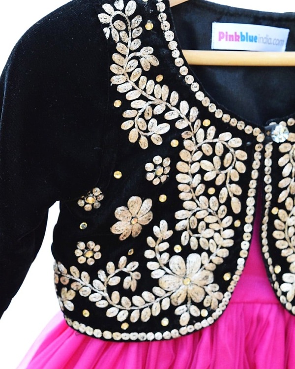 Black velvet jacket with pink frock for girls, elegant wedding outfit