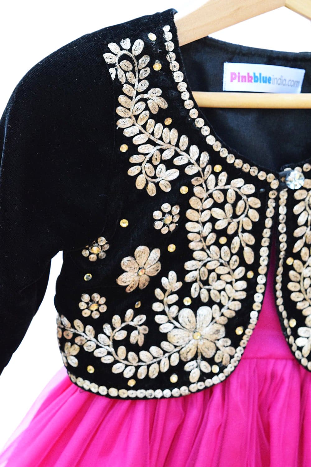 Black velvet jacket with pink frock for girls, elegant wedding outfit