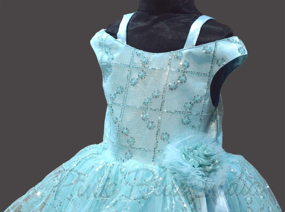 Blue cascade gown for baby girl, stylish birthday party dress