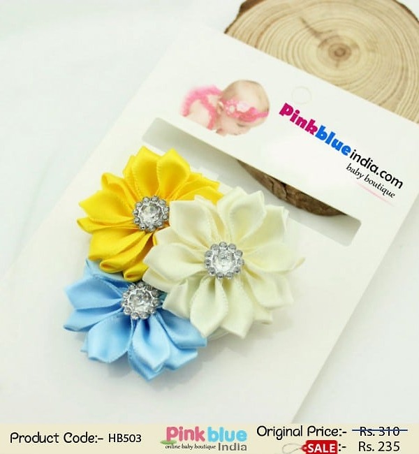 Blue cream yellow floral baby girl headband for wedding, elegant and cute