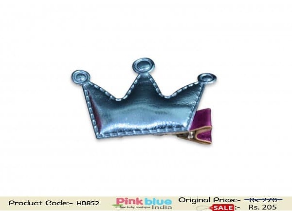 Pink hair clip with blue crown motif for baby girl, stylish for celebrations
