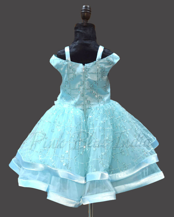 Blue embroidered cascade dress for girls, elegant birthday outfit