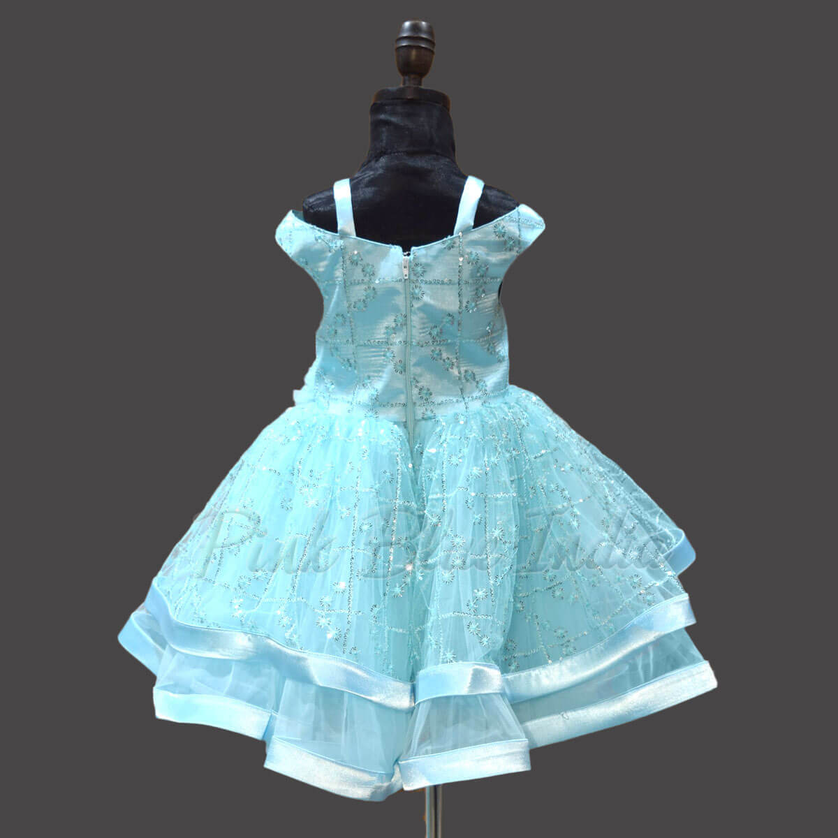 Blue embroidered cascade dress for girls, elegant birthday outfit