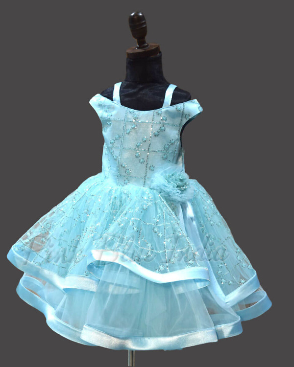 Embroidered blue cascade gown for baby girl, stylish celebration wear