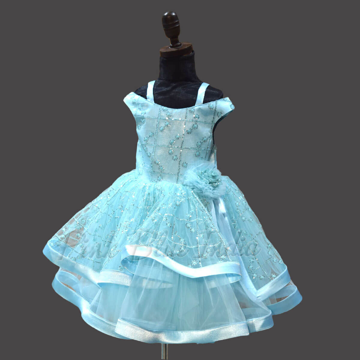 Embroidered blue cascade gown for baby girl, stylish celebration wear