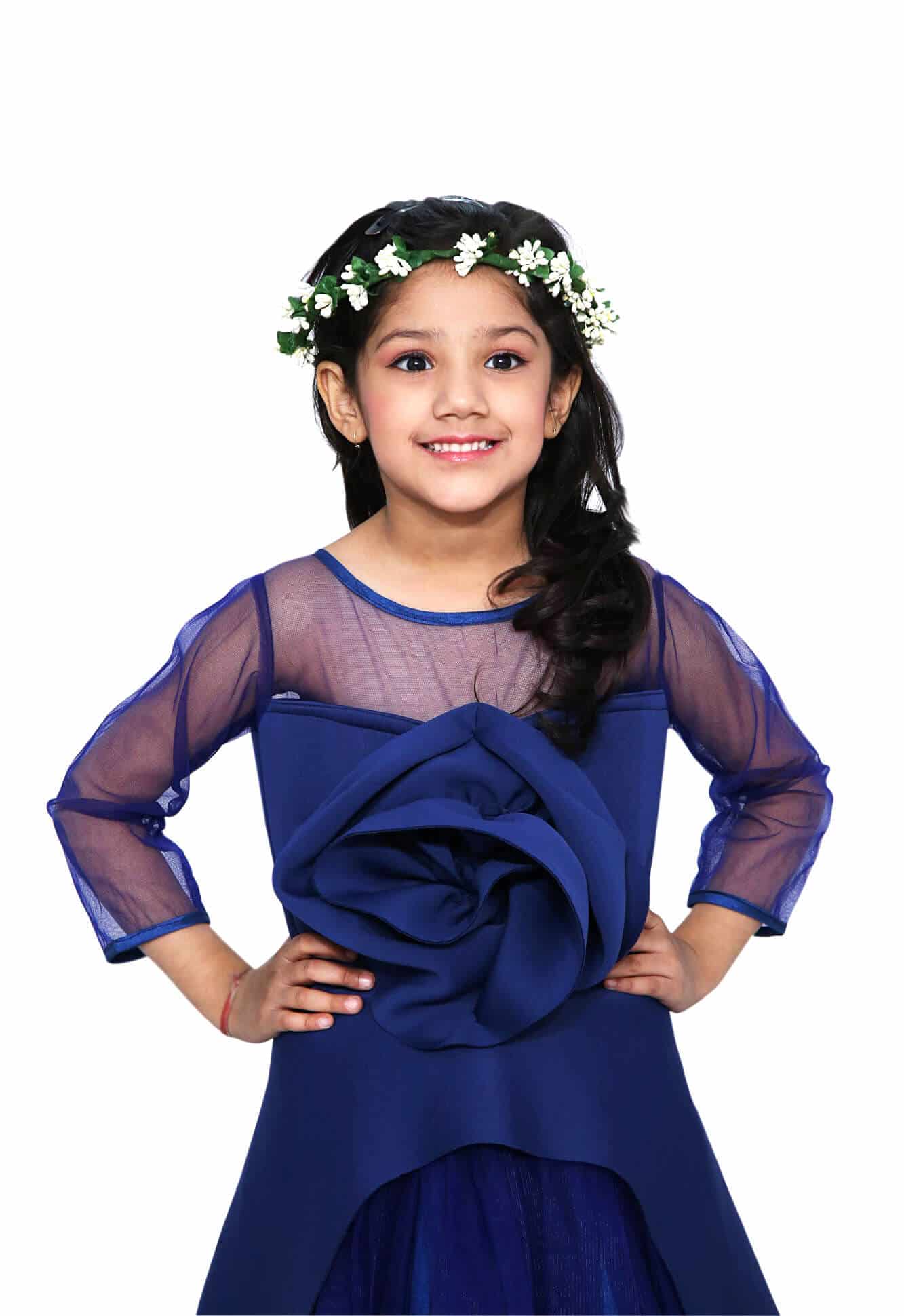 Blue flower girl gown for kids girl, wedding party wear, elegant outfit