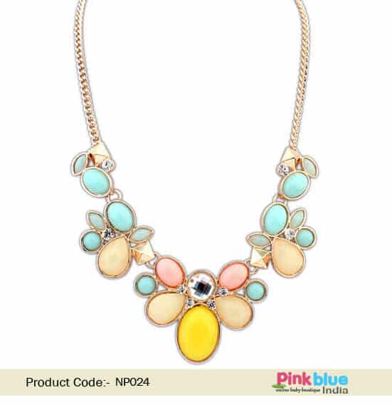 Boho necklace for women peach turquoise yellow beads festive wear trendy