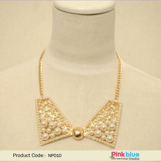 Bow style necklace for women gold pearls party wear classy