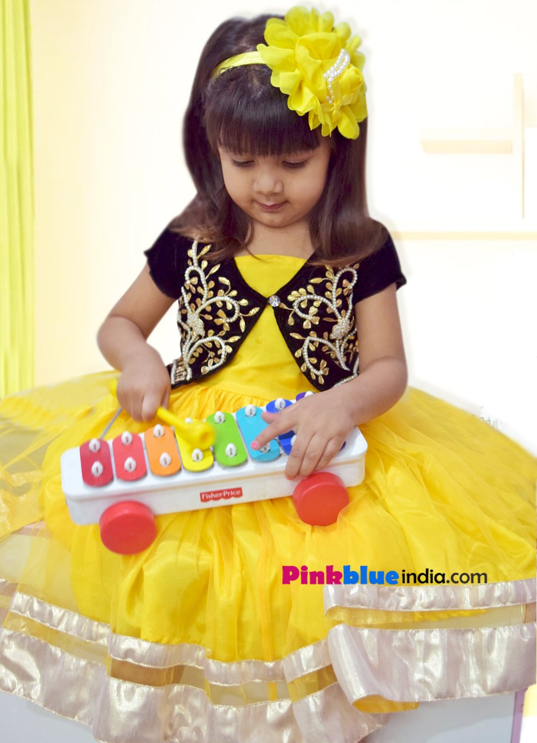 Bright yellow girls dress for festive party wear, vibrant stylish outfit