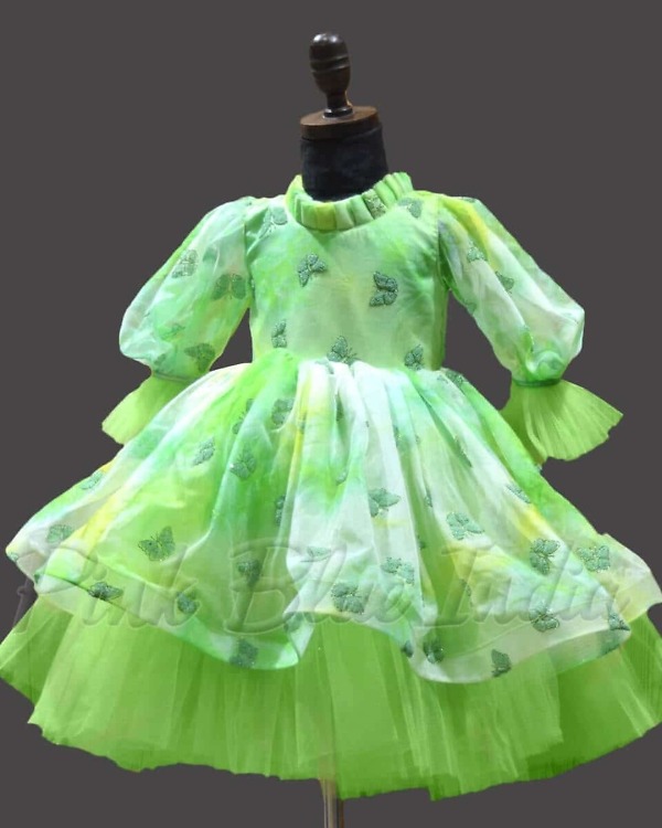 Butterfly theme green gown for baby girl, cute birthday celebration outfit