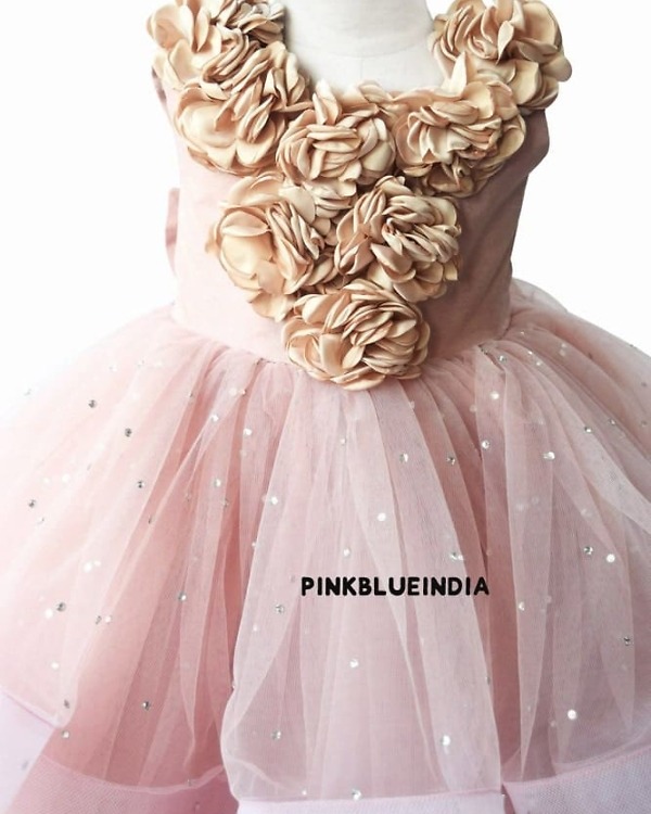 Kids beige flower girl gown wedding party wear elegant celebration outfit