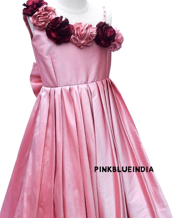 Baby girl pink gown silk fabric party wear dress festive princess style outfit