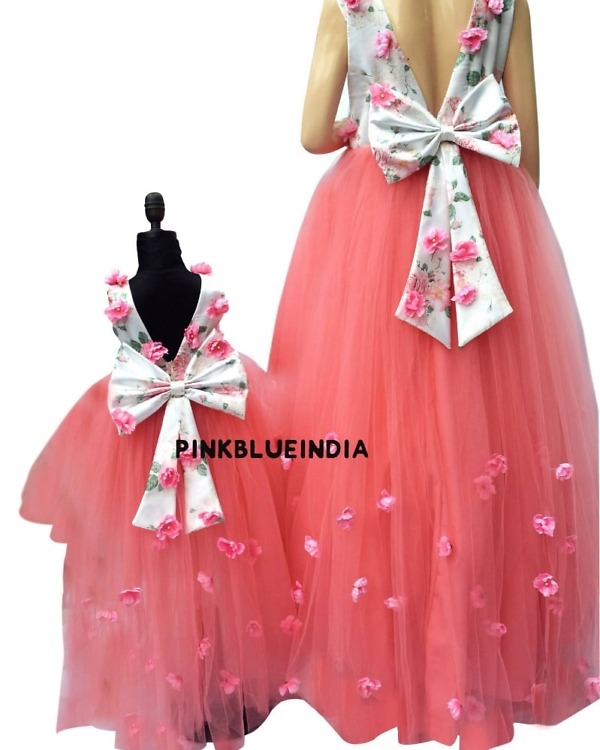 Pink mom daughter gown set elegant party wear coordinated festive family outfit