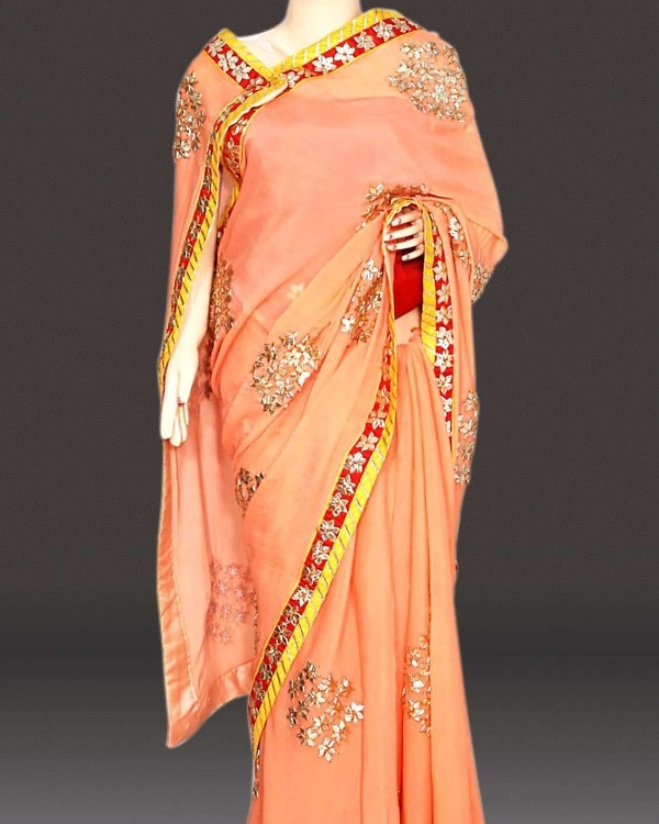 Women peach Jaipuri gota saree wedding wear traditional elegant festive outfit