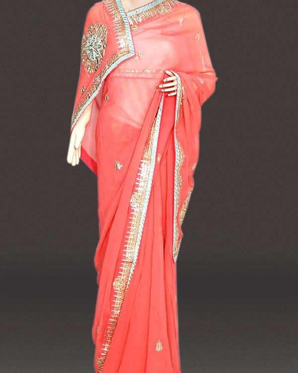 Women pink georgette saree golden border wedding wear elegant festive style