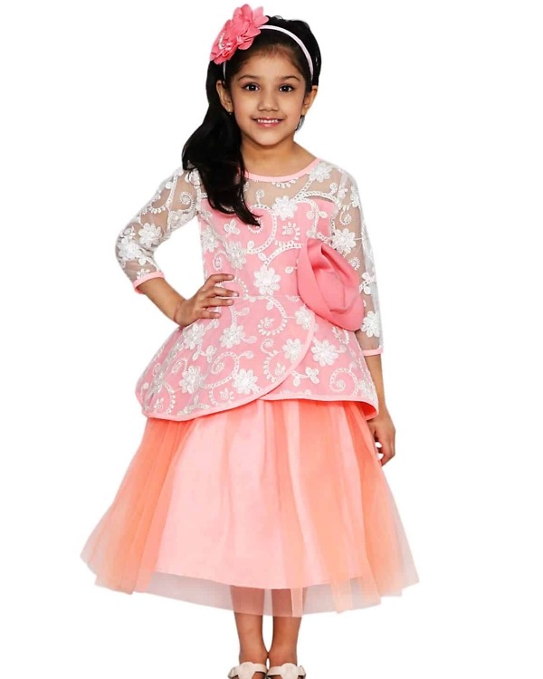 Pink flower girl gown for kids girl, wedding party wear, elegant outfit