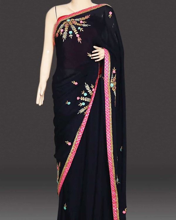 Women carbon blue designer saree Bollywood style wedding wear elegant look