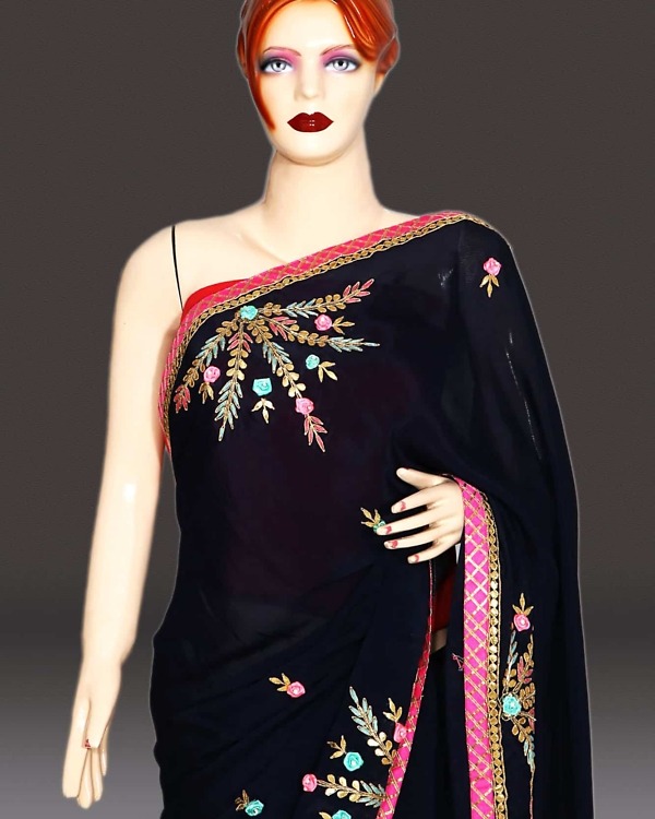 Women carbon blue heavy saree wedding wear Bollywood inspired elegant outfit