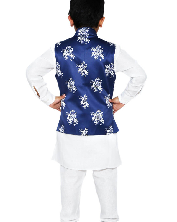 Boys cotton kurta pajama blue printed jacket festive wedding outfit