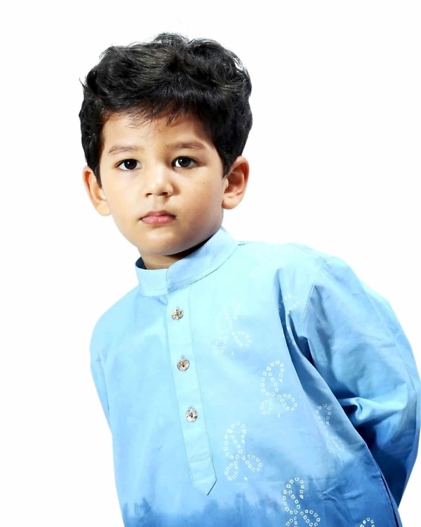 Cotton kurta with white churidar for baby boy wedding outfit