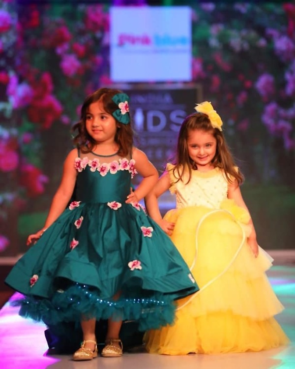 Stylish baby girl yellow gown for birthday celebration bright party wear outfit