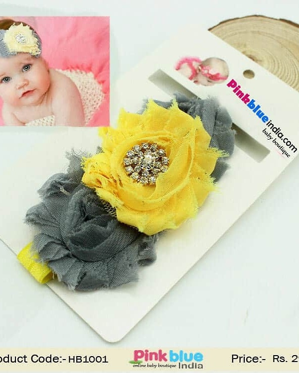 Grey yellow flower headband for kids festive wear cute