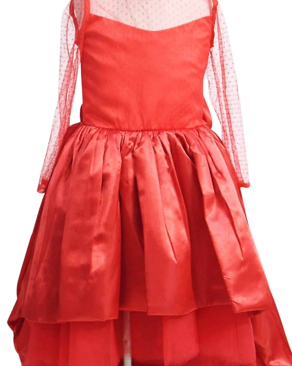 Kids red satin net high low dress wedding party elegant princess outfit