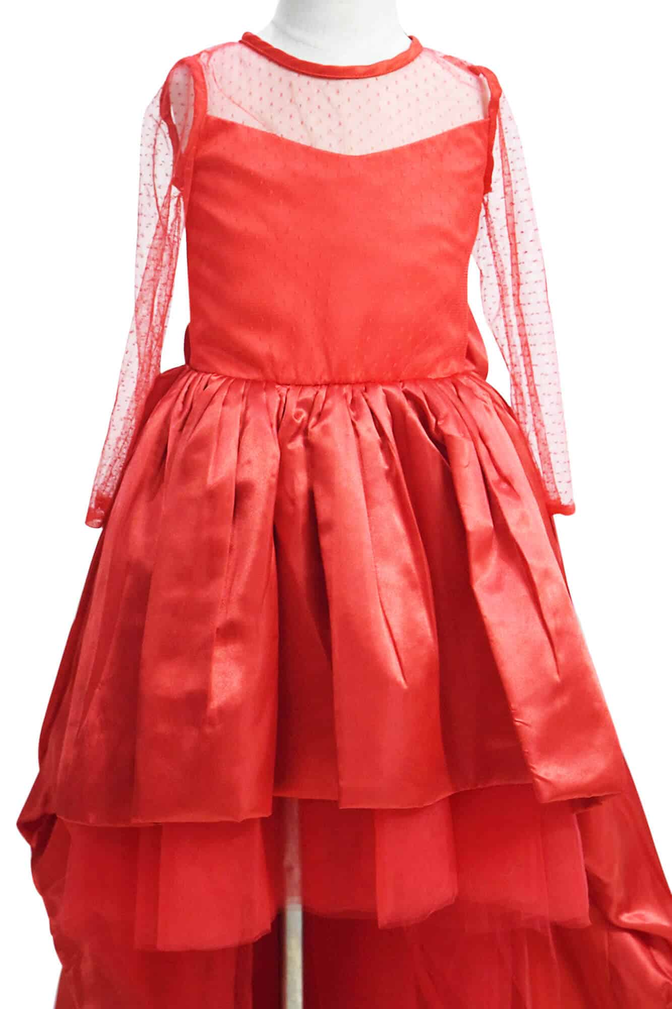 Kids red satin net high low dress wedding party elegant princess outfit