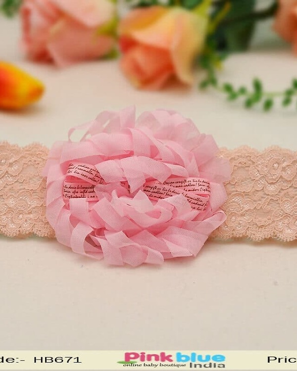 Infant girl salmon net headband pink floral motif birthday accessory