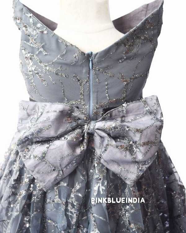 Elegant kids party dress in silver grey with floral design for weddings, stylish look