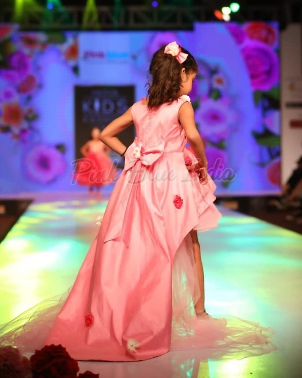 Designer pink long tail gown for baby girl birthday elegant party outfit
