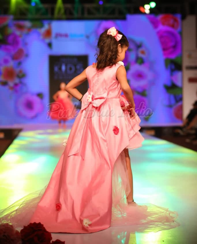 Designer pink long tail gown for baby girl birthday elegant party outfit