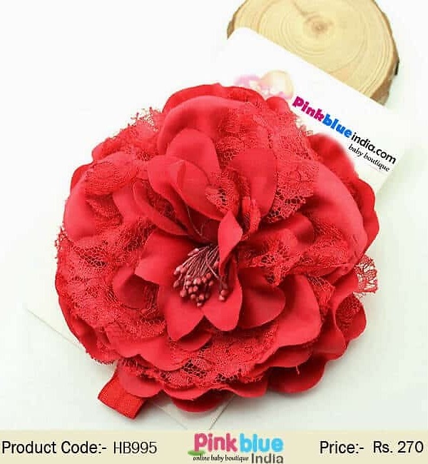 Red flower hair accessory for girls birthday, bold and stylish party wear
