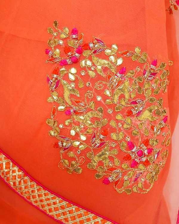 Women peach georgette saree wedding wear lightweight elegant festive outfit