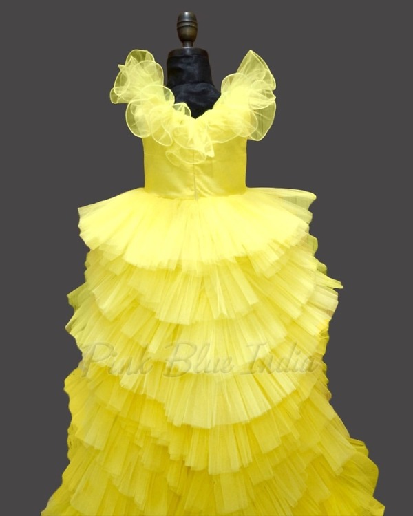 Yellow long train dress for girls stylish birthday party elegant outfit