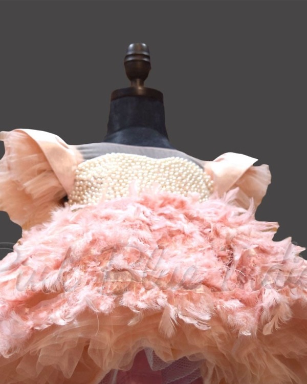 Peach feather gown for girls elegant birthday party wear