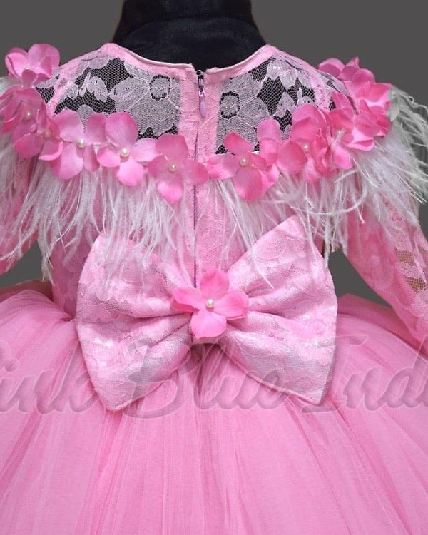 Girls pink feather dress stylish birthday celebration elegant wear