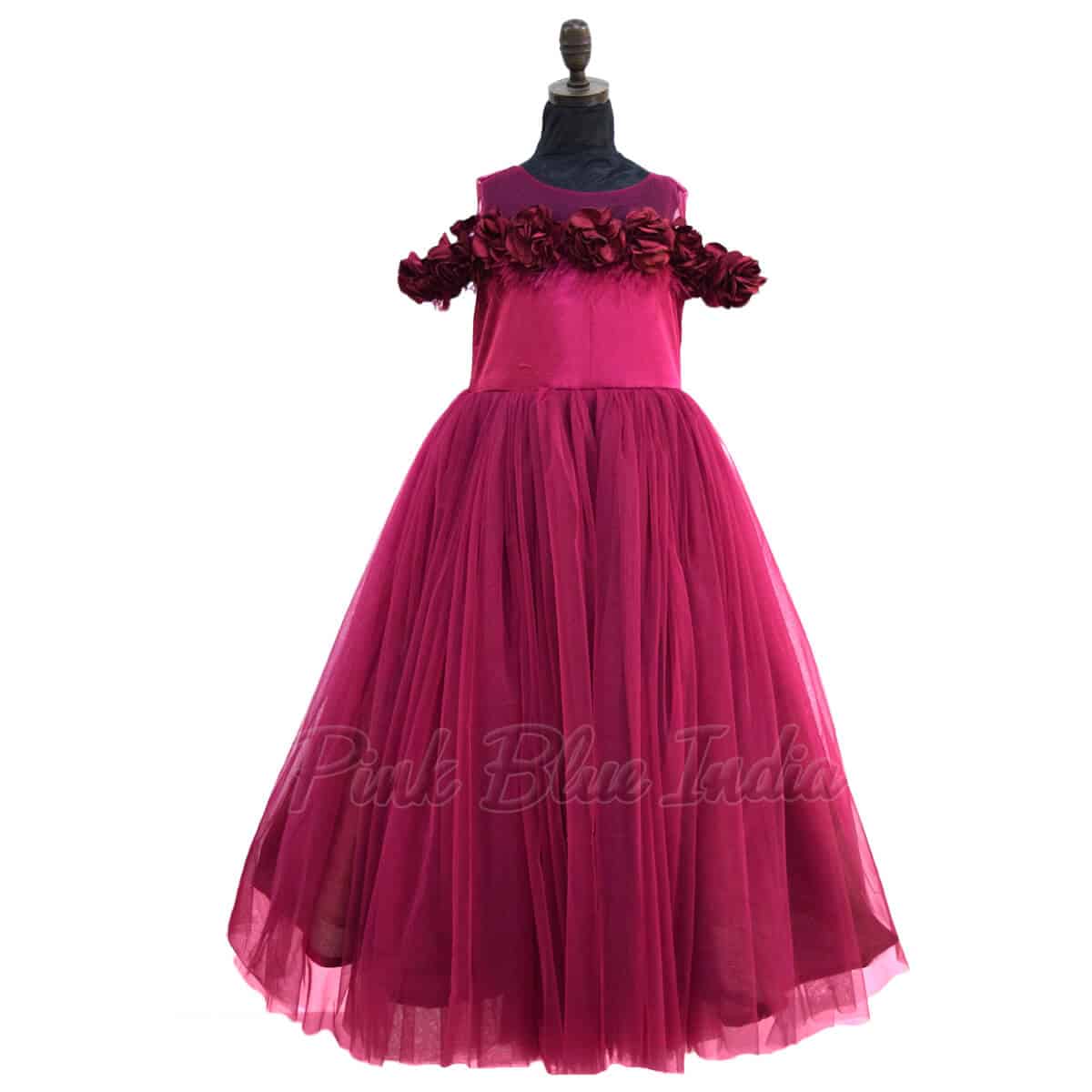 Plum feather birthday gown for girls stylish party wear special occasion