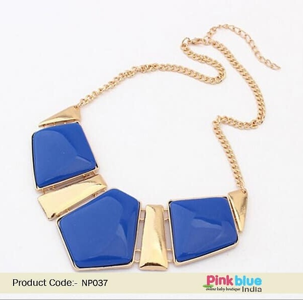 Party necklace for women blue stones gold plates festive wear stylish
