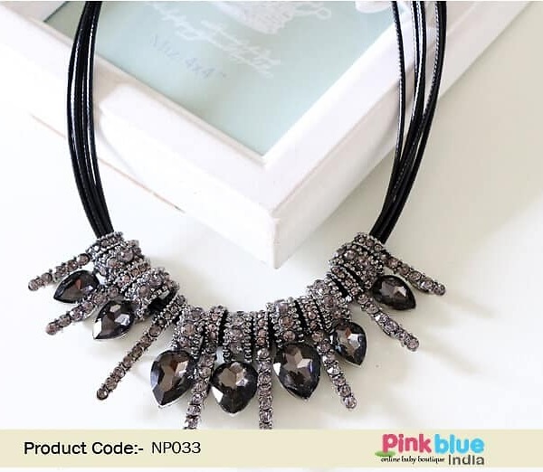 Black stone necklace for women grey embellishments party wear statement