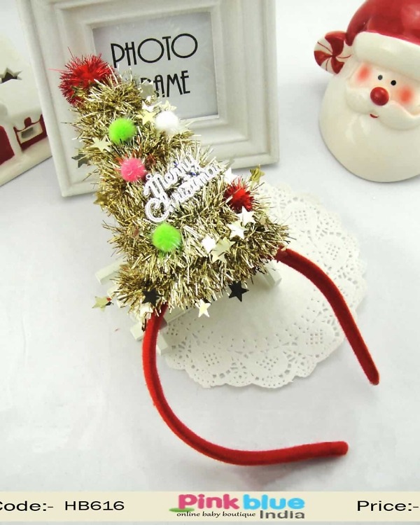Golden red Christmas tinsel tree headband for kids, festive party wear, cute accessory