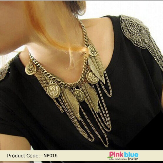 Vintage necklace for women gold coins leaf pendants party wear bold